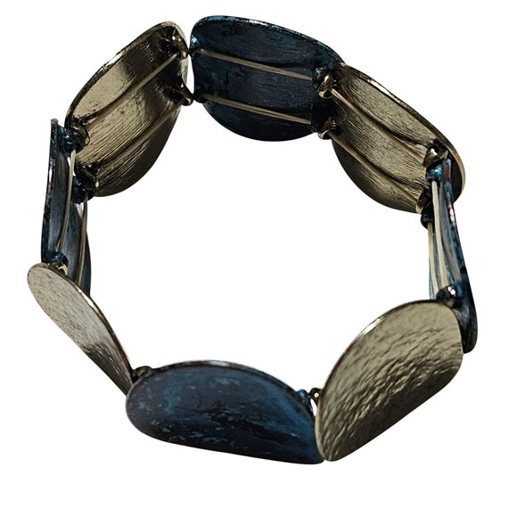 Vintage Elegant Blue Gold Tone Stretch Bracelet Textured Oval Panels Retro Women - Picture 3 of 4
